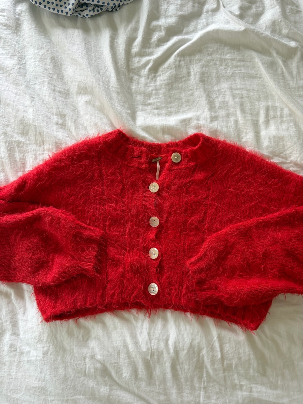 Free People Vibrant Red Fuzzy Button-Front Cropped Cardigan